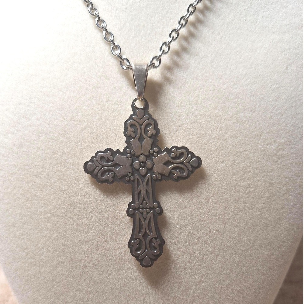 Taxco cross pendant artisan crafted sterling silver stainless steel chain